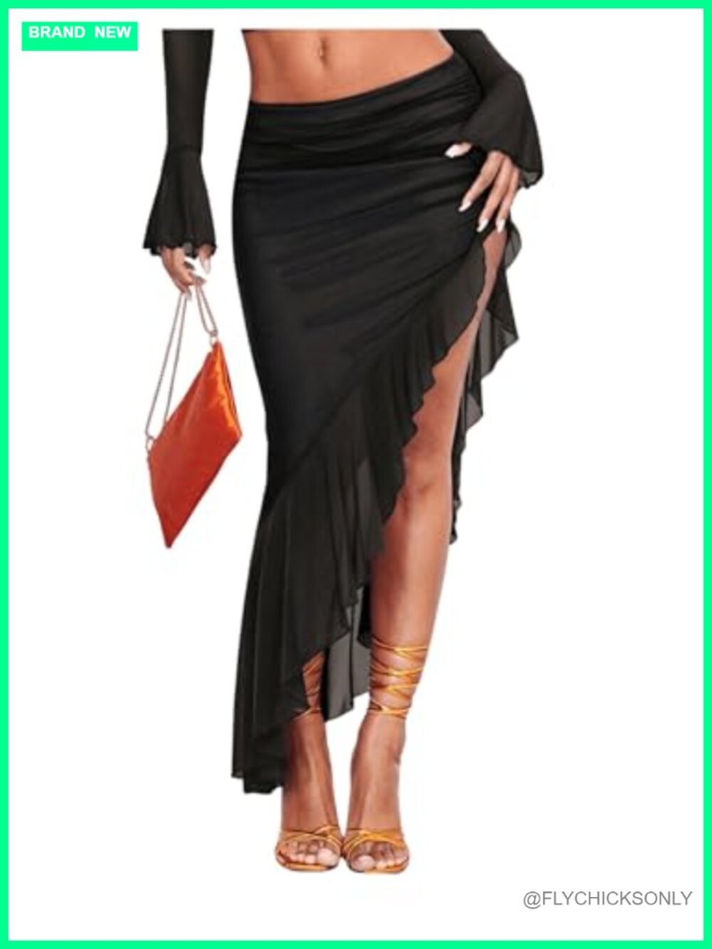 Women's Asymmetrical High Slit Mesh Ruffle Hem Bodycon Skirt